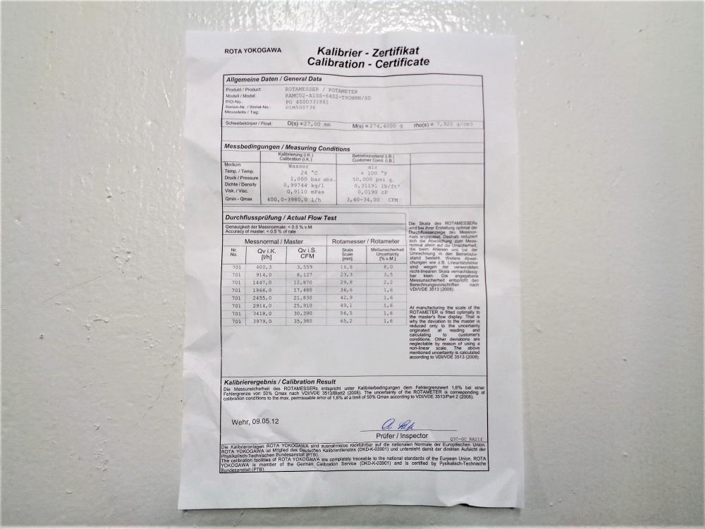 Rota Yokogawa 1" 150# Stainless Rotameter RAMC02-A1SS-64S2-T90NNN/SD